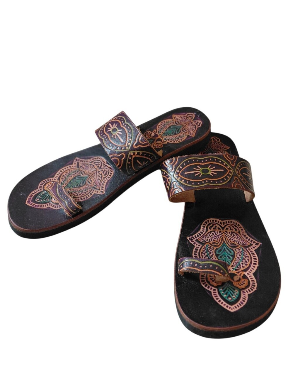 Hand-Painted Brown Leather Toe Ring Sandals Women's Size 7